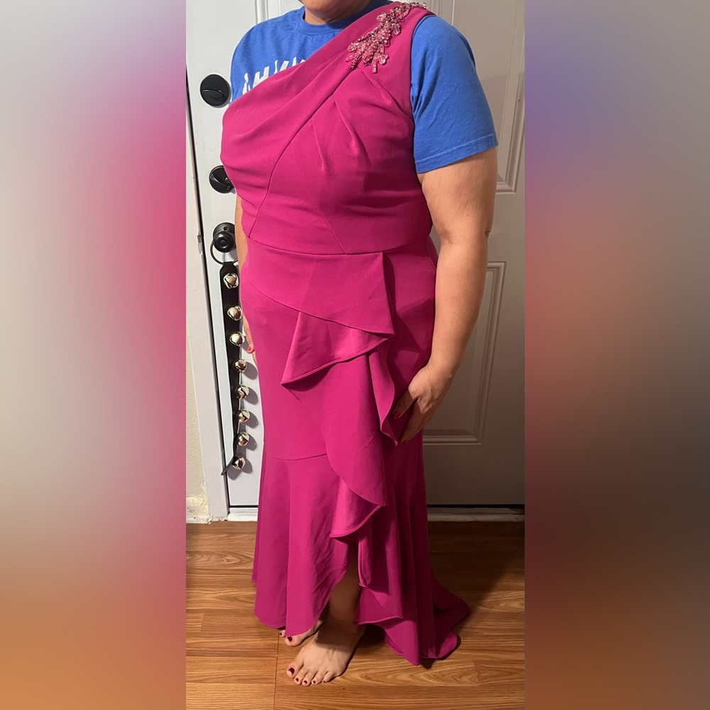 Adriana Papel, one shoulder, fuchsia evening gown, size 16 petite